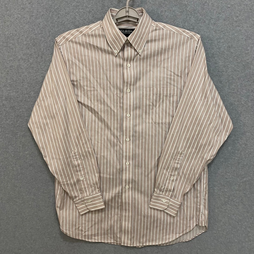 BROOKS BROTHERS Men's M Country Club Striped Tan White Cotton Button Up Shirt - Picture 1 of 7